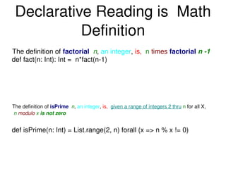 Declarative Reading is  Math Definition The definition of  isPrime   n ,  an integer ,  is,  given a range of integers 2 thru   n  for all X,  n  modulo  x  is not zero def fact(n: Int): Int =  n*fact(n-1) def isPrime(n: Int) = List.range(2, n) forall (x => n % x != 0) The definition of  factorial   n ,  an integer ,  is,  n   times   factorial  n -1 