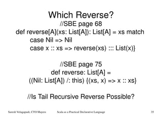 Which Reverse? //SBE page 68 def reverse[A](xs: List[A]): List[A] = xs match  case Nil => Nil  case x :: xs => reverse(xs) ::: List(x)} //SBE page 75 def reverse: List[A] = ((Nil: List[A]) /: this) {(xs, x) => x :: xs} //Is Tail Recursive Reverse Possible? 
