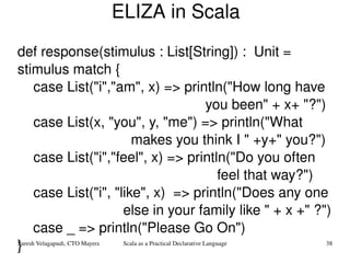 ELIZA in Scala def response(stimulus : List[String]) :  Unit = stimulus match { case List(&quot;i&quot;,&quot;am&quot;, x) => println(&quot;How long have  you been&quot; + x+ &quot;?&quot;) case List(x, &quot;you&quot;, y, &quot;me&quot;) => println(&quot;What  makes you think I &quot; +y+&quot; you?&quot;) case List(&quot;i&quot;,&quot;feel&quot;, x) => println(&quot;Do you often  feel that way?&quot;) case List(&quot;i&quot;, &quot;like&quot;, x)  => println(&quot;Does any one  else in your family like &quot; + x +&quot; ?&quot;) case _ => println(&quot;Please Go On&quot;) } 