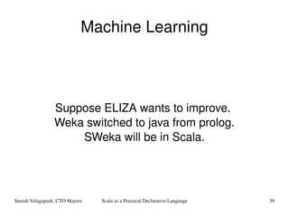 Machine Learning Suppose ELIZA wants to improve.  Weka switched to java from prolog. SWeka will be in Scala. 
