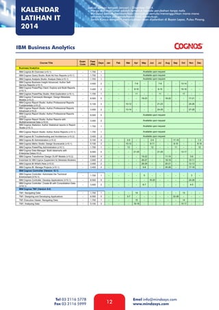 KALENDAR
LATIHAN IT
2014

Jadual latihan tempoh Januari – Disember 2014.
- Harga dan maklumat adalah tertakluk kepada perubahan tanpa notis
- Mindasys berhak membatalkan/menjadual semula/menangguhkan mana-mana
seminar/kursus jika pendaftaran tidak mencukupi.
- Tarikh Kursus dengan * menunjukkan akan dijalankan di Bayan Lepas, Pulau Pinang.

IBM Business Analytics

Tel 03 2116 5778
Fax 03 2116 5999

12

Emel info@mindasys.com
www.mindasys.com

 