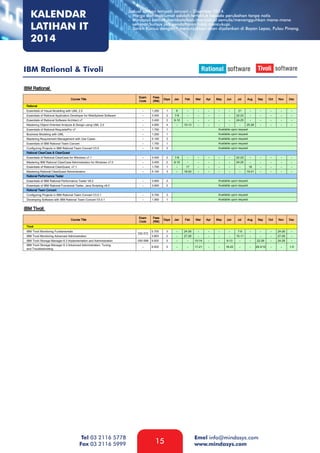 KALENDAR
LATIHAN IT
2014

Jadual latihan tempoh Januari – Disember 2014.
- Harga dan maklumat adalah tertakluk kepada perubahan tanpa notis
- Mindasys berhak membatalkan/menjadual semula/menangguhkan mana-mana
seminar/kursus jika pendaftaran tidak mencukupi.
- Tarikh Kursus dengan * menunjukkan akan dijalankan di Bayan Lepas, Pulau Pinang.

IBM Rational & Tivoli

Tel 03 2116 5778
Fax 03 2116 5999

15

Emel info@mindasys.com
www.mindasys.com

 