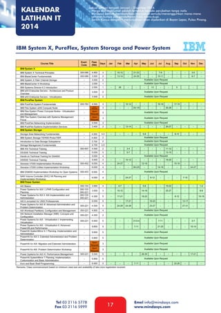 KALENDAR
LATIHAN IT
2014

Jadual latihan tempoh Januari – Disember 2014.
- Harga dan maklumat adalah tertakluk kepada perubahan tanpa notis
- Mindasys berhak membatalkan/menjadual semula/menangguhkan mana-mana
seminar/kursus jika pendaftaran tidak mencukupi.
- Tarikh Kursus dengan * menunjukkan akan dijalankan di Bayan Lepas, Pulau Pinang.

IBM System X, PureFlex, System Storage and Power System

Tel 03 2116 5778
Fax 03 2116 5999

17

Emel info@mindasys.com
www.mindasys.com

 