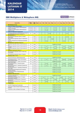 KALENDAR
LATIHAN IT
2014

Jadual latihan tempoh Januari – Disember 2014.
- Harga dan maklumat adalah tertakluk kepada perubahan tanpa notis
- Mindasys berhak membatalkan/menjadual semula/menangguhkan mana-mana
seminar/kursus jika pendaftaran tidak mencukupi.
- Tarikh Kursus dengan * menunjukkan akan dijalankan di Bayan Lepas, Pulau Pinang.

IBM WebSphere & Websphere MQ

Tel 03 2116 5778
Fax 03 2116 5999

18

Emel info@mindasys.com
www.mindasys.com

 