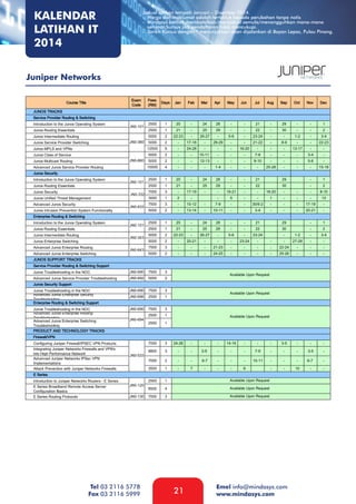 KALENDAR
LATIHAN IT
2014

Jadual latihan tempoh Januari – Disember 2014.
- Harga dan maklumat adalah tertakluk kepada perubahan tanpa notis
- Mindasys berhak membatalkan/menjadual semula/menangguhkan mana-mana
seminar/kursus jika pendaftaran tidak mencukupi.
- Tarikh Kursus dengan * menunjukkan akan dijalankan di Bayan Lepas, Pulau Pinang.

Juniper Networks

Tel 03 2116 5778
Fax 03 2116 5999

21

Emel info@mindasys.com
www.mindasys.com

 
