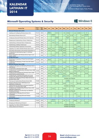 KALENDAR
LATIHAN IT
2014

Jadual latihan tempoh Januari – Disember 2014.
- Harga dan maklumat adalah tertakluk kepada perubahan tanpa notis
- Mindasys berhak membatalkan/menjadual semula/menangguhkan mana-mana
seminar/kursus jika pendaftaran tidak mencukupi.
- Tarikh Kursus dengan * menunjukkan akan dijalankan di Bayan Lepas, Pulau Pinang.

Microsoft Operating Systems & Security

Tel 03 2116 5778
Fax 03 2116 5999

26

Emel info@mindasys.com
www.mindasys.com

 