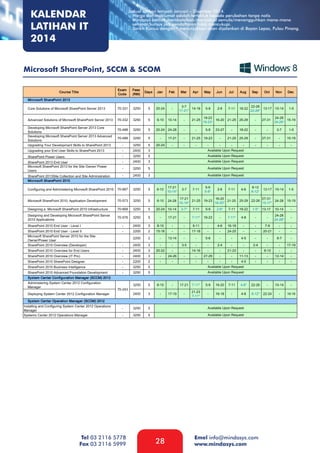 KALENDAR
LATIHAN IT
2014

Jadual latihan tempoh Januari – Disember 2014.
- Harga dan maklumat adalah tertakluk kepada perubahan tanpa notis
- Mindasys berhak membatalkan/menjadual semula/menangguhkan mana-mana
seminar/kursus jika pendaftaran tidak mencukupi.
- Tarikh Kursus dengan * menunjukkan akan dijalankan di Bayan Lepas, Pulau Pinang.

Microsoft SharePoint, SCCM & SCOM

Tel 03 2116 5778
Fax 03 2116 5999

28

Emel info@mindasys.com
www.mindasys.com

 
