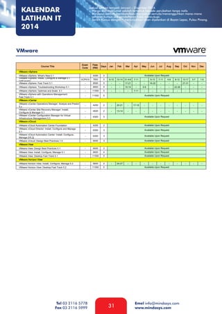 KALENDAR
LATIHAN IT
2014

Jadual latihan tempoh Januari – Disember 2014.
- Harga dan maklumat adalah tertakluk kepada perubahan tanpa notis
- Mindasys berhak membatalkan/menjadual semula/menangguhkan mana-mana
seminar/kursus jika pendaftaran tidak mencukupi.
- Tarikh Kursus dengan * menunjukkan akan dijalankan di Bayan Lepas, Pulau Pinang.

VMware

Tel 03 2116 5778
Fax 03 2116 5999

31

Emel info@mindasys.com
www.mindasys.com

 