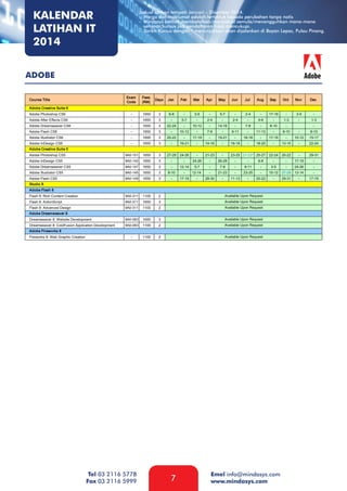KALENDAR
LATIHAN IT
2014

Jadual latihan tempoh Januari – Disember 2014.
- Harga dan maklumat adalah tertakluk kepada perubahan tanpa notis
- Mindasys berhak membatalkan/menjadual semula/menangguhkan mana-mana
seminar/kursus jika pendaftaran tidak mencukupi.
- Tarikh Kursus dengan * menunjukkan akan dijalankan di Bayan Lepas, Pulau Pinang.

ADOBE

Tel 03 2116 5778
Fax 03 2116 5999

7

Emel info@mindasys.com
www.mindasys.com

 