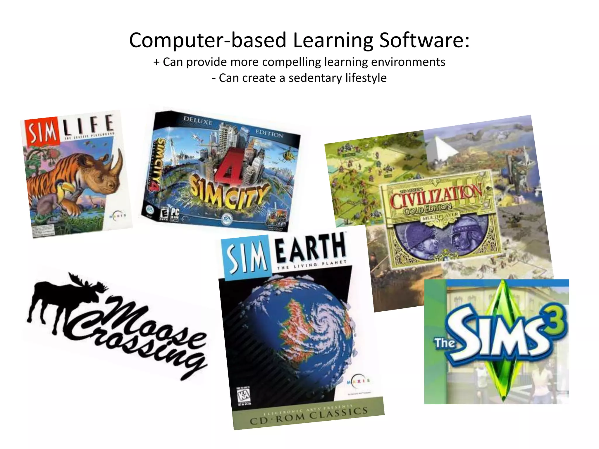 Computer-based Learning Software:
  + Can provide more compelling learning environments
            - Can create a sedentary lifestyle
 