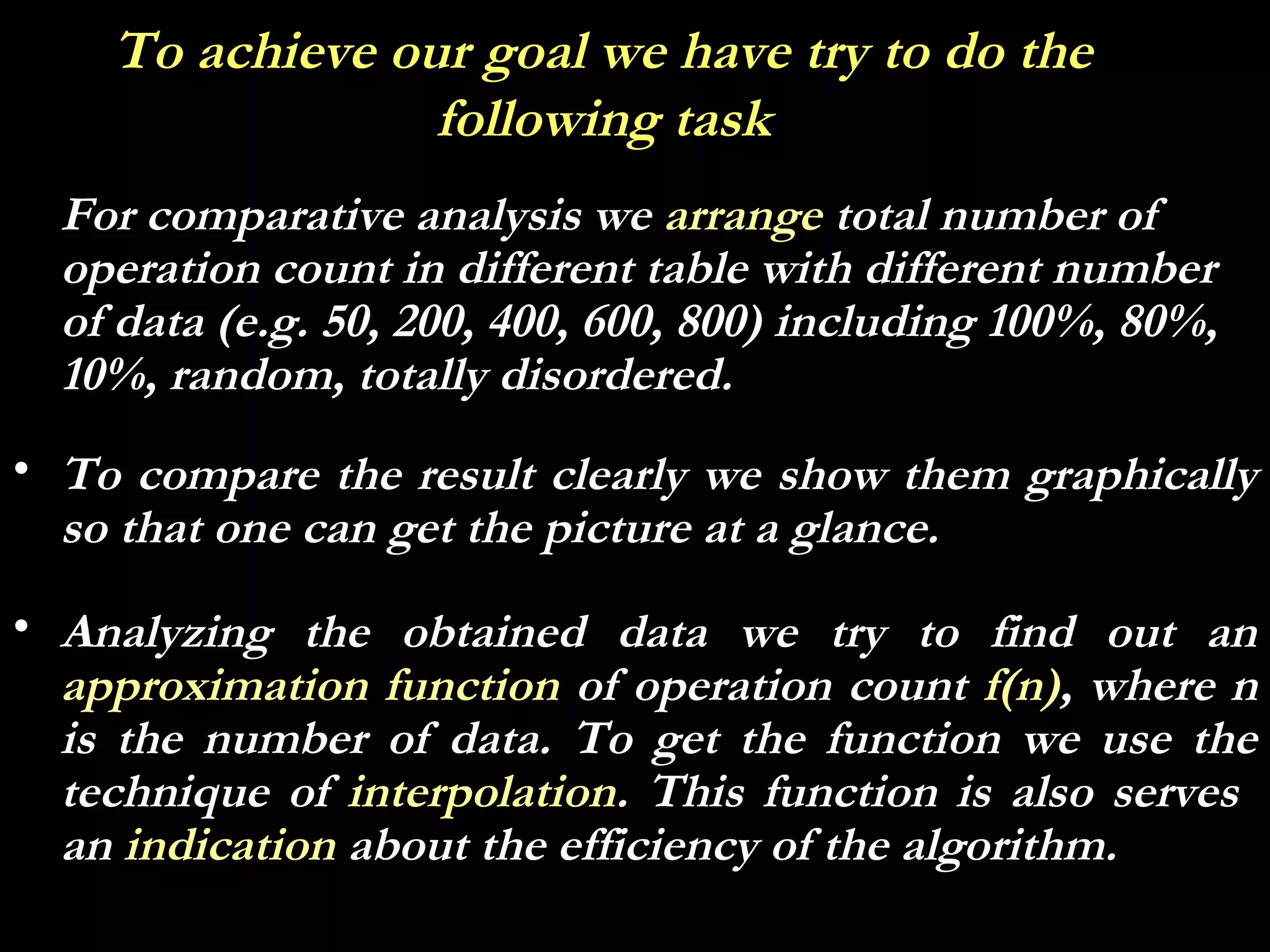 To achieve our goal we have try to do the
                 following task
  For comparative analysis we arrange total number of
  operation count in different table with different number
  of data (e.g. 50, 200, 400, 600, 800) including 100%, 80%,
  10%, random, totally disordered.
• To compare the result clearly we show them graphically
  so that one can get the picture at a glance.
• Analyzing the obtained data we try to find out an
  approximation function of operation count f(n), where n
  is the number of data. To get the function we use the
  technique of interpolation. This function is also serves
  an indication about the efficiency of the algorithm.
 