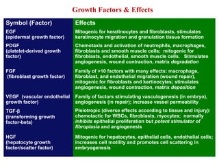 Growth Factors & Effects 
Symbol (Factor) Effects 
EGF 
(epidermal growth factor) 
Mitogenic for keratinocytes and fibroblasts, stimulates 
keratinocyte migration and granulation tissue formation 
PDGF 
(platelet-derived growth 
factor) 
Chemotaxis and activation of neutrophils, macrophages, 
fibroblasts and smooth muscle cells; mitogenic for 
fibroblasts, endothelial, smooth muscle cells. Stimulates 
angiogenesis, wound contraction, matrix degradation 
FGF 
(fibroblast growth factor) 
Family of >10 factors with many effects: macrophage, 
fibroblast, and endothelial migration (wound repair), 
mitogenic for fibroblasts and kertinocytes; stimulates 
angiogenesis, wound contraction, matrix deposition 
VEGF (vascular endothelial 
growth factor) 
Family of factors stimulating vasculogenesis (in embryo), 
angiogenesis (in repair); increase vessel permeability 
TGF-b 
(transforming growth 
factor-beta) 
Pleiotropic (diverse effects according to tissue and injury): 
chemotactic for WBCs, fibroblasts, myocytes; normally 
inhibits epithelial proliferation but potent stimulator of 
fibroplasia and angiogenesis 
HGF 
(hepatocyte growth 
factor/scatter factor) 
Mitogenic for hepatocytes, epithelial cells, endothelial cells; 
increases cell motility and promotes cell scattering in 
embryogenesis 
 