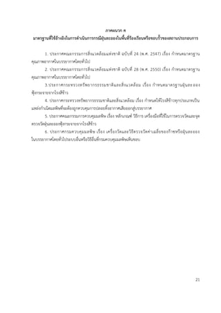 ภำคผนวก ค
มำตรฐำนที่ใช้อ้ำงอิงในกำรดำเนินกำรกรณีฝุ่นละอองในพื้นที่ร้องเรียนหรือขอบรั้วของสถำนประกอบกำร
1. ประกาศคณะกรรมการสิ่งแวดล้อมแห่งชาติ ฉบับที่ 24 (พ.ศ. 2547) เรื่อง กาหนดมาตรฐาน
คุณภาพอากาศในบรรยากาศโดยทั่วไป
2. ประกาศคณะกรรมการสิ่งแวดล้อมแห่งชาติ ฉบับที่ 28 (พ.ศ. 2550) เรื่อง กาหนดมาตรฐาน
คุณภาพอากาศในบรรยากาศโดยทั่วไป
3.ประกาศกระทรวงทรัพยากรธรรมชาติและสิ่งแวดล้อม เรื่อง กาหนดมาตรฐานฝุ่นละออง
ฟุ้งกระจายจากโรงสีข้าว
4. ประกาศกระทรวงทรัพยากรธรรมชาติและสิ่งแวดล้อม เรื่อง กาหนดให้โรงสีข้าวทุกประเภทเป็น
แหล่งกาเนิดมลพิษที่จะต้องถูกควบคุมการปลอยทิ้งอากาศเสียออกสู่บรรยากาศ
5. ประกาศคณะกรรมการควบคุมมลพิษ เรื่อง หลักเกณฑ์ วิธีการ เครื่องมือที่ใช้ในการตรวจวัดและจุด
ตรวจวัดฝุ่นละอองฟุ้งกระจายจากโรงสีข้าว
6. ประกาศกรมควบคุมมลพิษ เรื่อง เครื่องวัดและวิธีตรวจวัดค่าเฉลี่ยของก๊าซหรือฝุ่นละออง
ในบรรยากาศโดยทั่วไประบบอื่นหรือวิธีอื่นที่กรมควบคุมมลพิษเห็นชอบ
21
 