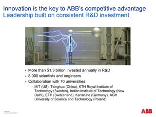 © ABB ΑΕ
Αύγουστος 22 | Slide 14
Innovation is the key to ABB’s competitive advantage
Leadership built on consistent R&D investment
 More than $1.3 billion invested annually in R&D
 8.000 scientists and engineers
 Collaboration with 70 universities
 MIT (US), Tsinghua (China), KTH Royal Institute of
Technology (Sweden), Indian Institute of Technology (New
Delhi), ETH (Switzerland), Karlsruhe (Germany), AGH
University of Science and Technology (Poland)
 