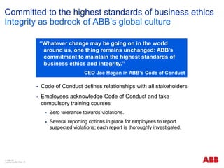 © ABB ΑΕ
Αύγουστος 22 | Slide 18
Committed to the highest standards of business ethics
Integrity as bedrock of ABB’s global culture
 Code of Conduct defines relationships with all stakeholders
 Employees acknowledge Code of Conduct and take
compulsory training courses
 Zero tolerance towards violations.
 Several reporting options in place for employees to report
suspected violations; each report is thoroughly investigated.
“Whatever change may be going on in the world
around us, one thing remains unchanged: ABB’s
commitment to maintain the highest standards of
business ethics and integrity.”
CEO Joe Hogan in ΑΒΒ’s Code of Conduct
 
