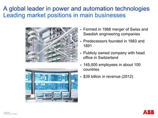 © ABB ΑΕ
Αύγουστος 22 | Slide 2
A global leader in power and automation technologies
Leading market positions in main businesses
 Formed in 1988 merger of Swiss and
Swedish engineering companies
 Predecessors founded in 1883 and
1891
 Publicly owned company with head
office in Switzerland
 145,000 employees in about 100
countries
 $39 billion in revenue (2012)
 