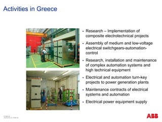 © ABB ΑΕ
Αύγουστος 22 | Slide 25
Activities in Greece
 Research – Implementation of
composite electrotechnical projects
 Assembly of medium and low-voltage
electrical switchgears-automation-
control
 Research, installation and maintenance
of complex automation systems and
high technical equipment
 Electrical and automation turn-key
projects to power generation plants
 Maintenance contracts of electrical
systems and automation
 Electrical power equipment supply
 