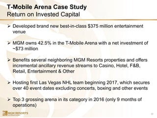 T-Mobile Arena Case Study
Return on Invested Capital
22
➢ Developed brand new best-in-class $375 million entertainment
venue
➢ MGM owns 42.5% in the T-Mobile Arena with a net investment of
~$73 million
➢ Benefits several neighboring MGM Resorts properties and offers
incremental ancillary revenue streams to Casino, Hotel, F&B,
Retail, Entertainment & Other
➢ Hosting first Las Vegas NHL team beginning 2017, which secures
over 40 event dates excluding concerts, boxing and other events
➢ Top 3 grossing arena in its category in 2016 (only 9 months of
operations)
 