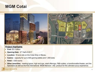  Cost: $3.3 billion
 Opening Date: 2nd Half of 2017
 Location: 18 acre site on the Cotai Strip in Macau
 Casino: capacity for up to 500 gaming tables and 1,500 slots
 Hotel: 1,500 rooms
 Other amenities: meeting space, high end spa, retail offerings, F&B outlets, a transformable theater, and the
Spectacle as well as the first international MGM Mansion villa product for the ultimate luxury experience.
Project Highlights
MGM Cotai
35
 