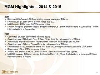MGM Highlights – 2014 & 2015
39
2014
➢ Re-priced CityCenter's TLB generating annual savings of $12mm
➢ MGM issued $1.25bn of 6% Senior Notes due 2023
➢ MGM repaid $509mm of 5.875% senior notes
➢ MGM China paid $499mm special dividend in March, $127mm final dividend in June and $137mm
interim dividend in September
2015
➢ Converted $1.45bn convertible notes to equity
➢ Closed on sale of Railroad Pass & Gold Strike Jean for net proceeds of $20mm
➢ Announced implementation of Profit Growth Plan with initial target of $300mm
➢ Closed on sale of Circus Circus Reno for net proceeds of $72mm
➢ MGM Resort’s $200mm share of the first ever $400mm special distribution from CityCenter
➢ Repayment of the $875mm senior notes
➢ Amend and extend of MGM China's Senior Credit Facility with +$1B upsize
➢ MGM China paid $400mm special dividend in March, $120mm final dividend in June and $76mm
interim dividend in August
 