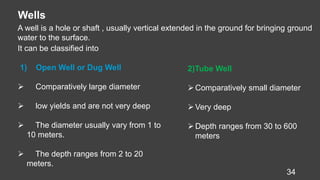 34
Wells
A well is a hole or shaft , usually vertical extended in the ground for bringing ground
water to the surface.
It can be classified into
1) Open Well or Dug Well
 Comparatively large diameter
 low yields and are not very deep
 The diameter usually vary from 1 to
10 meters.
 The depth ranges from 2 to 20
meters.
2)Tube Well
Comparatively small diameter
Very deep
Depth ranges from 30 to 600
meters
 