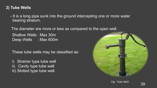 2) Tube Wells
- It is a long pipe sunk into the ground intercepting one or more water
bearing stratum.
The diameter are more or less as compared to the open well.
39
Shallow Wells : Max 30m
Deep Wells : Max 600m
These tube wells may be classified as:
i) Strainer type tube well
ii) Cavity type tube well
iii) Slotted type tube well
Fig : Tube Well
 