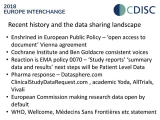Recent history and the data sharing landscape
• Enshrined in European Public Policy – ‘open access to
document’ Vienna agreement
• Cochrane Institute and Ben Goldacre consistent voices
• Reaction is EMA policy 0070 – ‘Study reports’ ‘summary
data and results’ next steps will be Patient Level Data
• Pharma response – Datasphere.com
ClinicalStudyDataRequest.com , academic Yoda, AllTrials,
Vivali
• European Commission making research data open by
default
• WHO, Wellcome, Médecins Sans Frontières etc statement
 