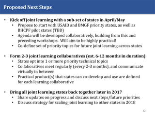• Kick off joint learning with a sub-set of states in April/May
• Propose to start with USAID and BMGF priority states, as well as
BHCPF pilot states (TBD)
• Agenda will be developed collaboratively, building from this and
preceding workshops. Will aim to be highly practical!
• Co-define set of priority topics for future joint learning across states
• Form 2-3 joint learning collaboratives (est. 6-12 months in duration)
• States opt into 1 or more priority technical topics
• Collaboratives meet regularly (every 2-3 months), and communicate
virtually in between
• Practical product(s) that states can co-develop and use are defined
for each learning collaborative
• Bring all joint learning states back together later in 2017
• Share updates on progress and discuss next steps/future priorities
• Discuss strategy for scaling joint learning to other states in 2018
Proposed Next Steps
12
 