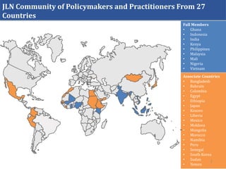 Full Members
• Ghana
• Indonesia
• India
• Kenya
• Philippines
• Malaysia
• Mali
• Nigeria
• Vietnam
Associate Countries
• Bangladesh
• Bahrain
• Colombia
• Egypt
• Ethiopia
• Japan
• Kosovo
• Liberia
• Mexico
• Moldova
• Mongolia
• Morocco
• Namibia
• Peru
• Senegal
• South Korea
• Sudan
• Yemen
JLN Community of Policymakers and Practitioners From 27
Countries
2
 