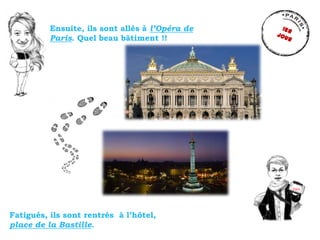 Fatigués, ils sont rentrés à l’hôtel,
place de la Bastille.
Paris
Ensuite, ils sont allés à l’Opéra de
Paris. Quel beau bâ...