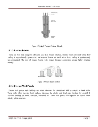 PREFABRICATION STUCTURES
DEPT. OF CIVIL ENGG, SJBIT PAGE 7
Figure : Typical Precast Column Details
4.2.3 Precast Beams
There are two main categories of beams used in a precast structure. Internal beams are used where floor
loading is approximately symmetrical, and external beams are used where floor loading is predominantly
non-symmetrical. The use of precast beams with proper designed connections ensure higher structural
stability.
Figure : Precast Beam Details
4.2.4 Precast Wall Panels
Precast wall panels and claddings are smart substitute for conventional infill blockwork or brick walls.
These walls offers superior finish surface, eliminates the plaster and touch ups, facilitate for desired &
accurate openings of doors, windows, ventilators etc. These wall panels also improves the overall lateral
stability of the structure.
 