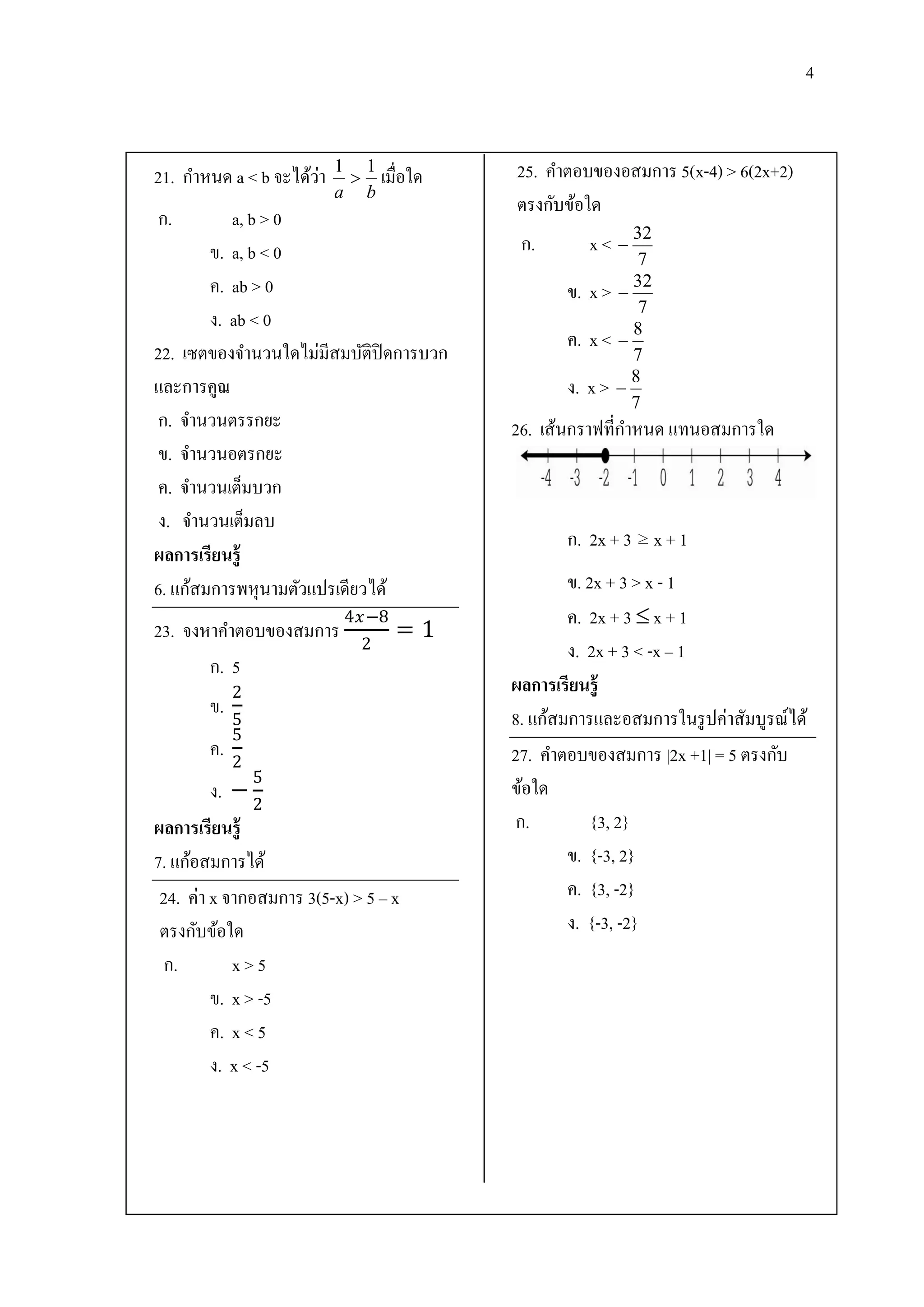 4



                      ่
21. กาหนด a < b จะได้วา   1 1
                            เมื่อใด    25. คาตอบของอสมการ 5(x-4) > 6(2x+2)
                          a b
                                        ตรงกับข้อใด
ก.         a, b > 0
        ข. a, b < 0                      ก.         x <  32
                                                           7
        ค. ab > 0                              ข.   x >  32
                                                           7
        ง. ab < 0                                         8
                                               ค.   x< 
22. เซตของจานวนใดไม่มีสมบัติปิดการบวก                     7
                                                          8
และการคูณ                                      ง.   x> 
                                                          7
 ก. จานวนตรรกยะ                         26. เส้นกราฟที่กาหนด แทนอสมการใด
 ข. จานวนอตรกยะ
 ค. จานวนเต็มบวก
 ง. จานวนเต็มลบ
                                               ก. 2x + 3 ≥ x + 1
ผลการเรียนรู้
6. แก้สมการพหุ นามตัวแปรเดียวได้                ข. 2x + 3 > x - 1
                           4−8                ค. 2x + 3  x + 1
23. จงหาคาตอบของสมการ              =1
                             2                  ง. 2x + 3 < -x – 1
       ก. 5
            2                           ผลการเรียนรู้
       ข.
            5                           8. แก้สมการและอสมการในรู ปค่าสัมบูรณ์ได้
            5
       ค.                               27. คาตอบของสมการ |2x +1| = 5 ตรงกับ
            2
                5
         ง. −                           ข้อใด
               2
ผลการเรียนรู้                           ก.          {3, 2}
7. แก้อสมการได้                                 ข. {-3, 2}
 24. ค่า x จากอสมการ 3(5-x) > 5 – x             ค. {3, -2}
 ตรงกับข้อใด                                    ง. {-3, -2}
  ก.        x>5
         ข. x > -5
         ค. x < 5
         ง. x < -5
 