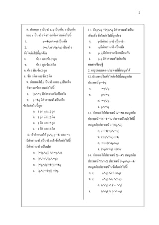 2


   8. กาหนด p เป็ นจริ ง, q เป็ นเท็จ, r เป็ นเท็จ   11. ถ้า pq  pq มีค่าความจริ งเป็ น
   และ s เป็ นจริ ง พิจารณาข้อความต่อไปนี้           เท็จแล้ว ข้อใดต่อไปนี้ถูกต้อง
 1.                p(ps) เป็ นเท็จ                 ก.       p มีค่าความจริ งเป็ นจริ ง
 2.                (sr) (pq) เป็ นจริ ง           ข.       q มีค่าความจริ งเป็ นเท็จ
ข้อใดต่อไปนี้ถูกต้อง                                  ค.       p, q มีค่าความจริ งเหมือนกัน
ก.          ข้อ 1 และข้อ 2 ถูก                        ง.      p, q มีค่าความจริ งต่างกัน
 ข.         ข้อ 1 ถูก ข้อ 2 ผิด                      ผลการเรียนรู้
ค. ข้อ 1 ผิด ข้อ 2 ถูก                               2. หารู ปแบบของประพจน์ที่สมมูลได้
ง. ข้อ 1 ผิด และข้อ 2 ผิด                            12. ประพจน์ในข้อใดต่อไปนี้สมมูลกับ
   9. กาหนดให้ p เป็ นจริ ง และ q เป็ นเท็จ          ประพจน์ pq
   พิจารณาข้อความต่อไปนี้                             ก.          pq
    1. pq มีค่าความจริ งเป็ นจริ ง                  ข.          pq
    2. pq มีค่าความจริ งเป็ นเท็จ                            ค. pq
ข้อใดต่อไปนี้ถูก                                              ง. pq
         ก. 1 ถูก และ 2 ถูก                          13. กาหนดให้ประพจน์ AB สมมูลกับ
         ข. 1 ถูก และ 2 ผิด                          ประพจน์ BA ประพจน์ใดต่อไปนี้
         ค. 1 ผิด และ 2 ถูก                          สมมูลกับประพจน์ r(pq)
         ง. 1 ผิด และ 2 ผิด
                                                              ก. r (pq)
   10. ถ้ากาหนดให้ pq, pr และ r
                                                              ข. (pq) r
   มีค่าความจริ งเป็ นจริ งแล้วข้อใดต่อไปนี้
                                                              ค. r(pq)
   มีค่าความจริ งเป็ นเท็จ
                                                              ง. (pq) r
         ก. [(pq)] (pr)
                                                     14. กาหนดให้ประพจน์ XY สมมูลกับ
         ข. (pr) (qp)
                                                     ประพจน์ YX ประพจน์ (pq) r
         ค. [p(pr)] q
                                                     สมมูลกับประพจน์ในข้อใดต่อไปนี้
         ง. [q(rp)] p
                                                      ก. (         rp) (rq)
                                                      ข. (         rp) (r q)
                                                              ค. (rp)  (r q)
                                                      ง.          (rq)  (r q)
 