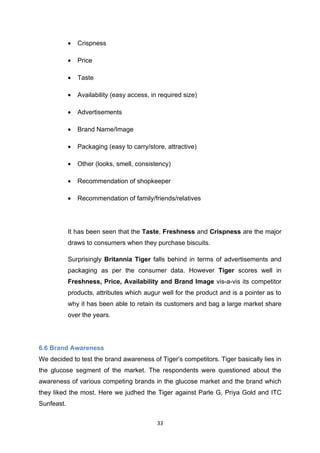•   Crispness

            •   Price

            •   Taste

            •   Availability (easy access, in required size)

            •   Advertisements

            •   Brand Name/Image

            •   Packaging (easy to carry/store, attractive)

            •   Other (looks, smell, consistency)

            •   Recommendation of shopkeeper

            •   Recommendation of family/friends/relatives




            It has been seen that the Taste, Freshness and Crispness are the major
            draws to consumers when they purchase biscuits.

            Surprisingly Britannia Tiger falls behind in terms of advertisements and
            packaging as per the consumer data. However Tiger scores well in
            Freshness, Price, Availability and Brand Image vis-a-vis its competitor
            products, attributes which augur well for the product and is a pointer as to
            why it has been able to retain its customers and bag a large market share
            over the years.




6.6 Brand Awareness
We decided to test the brand awareness of Tiger’s competitors. Tiger basically lies in
the glucose segment of the market. The respondents were questioned about the
awareness of various competing brands in the glucose market and the brand which
they liked the most. Here we judhed the Tiger against Parle G, Priya Gold and ITC
Sunfeast.

                                             33
 