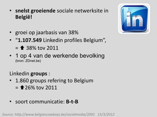 • snelst groeiende sociale netwerksite in
      België!

    • groei op jaarbasis van 38%
    • “1.107.549 Linkedin profiles Belgium”,
      =  38% tov 2011
    • 1 op 4 van de werkende bevolking
       (bron: ZDnet.be)


    Linkedin groups :
    • 1.860 groups refering to Belgium
       = 26% tov 2011

    • soort communicatie: B-t-B

Source: http://www.belgiancowboys.be/socialmedia/2091 15/3/2012
 