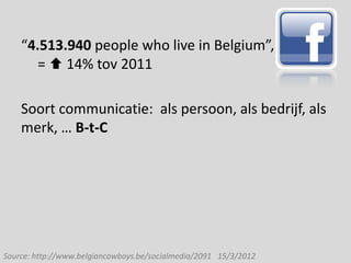 “4.513.940 people who live in Belgium”,
       =  14% tov 2011

    Soort communicatie: als persoon, als bedrijf, als
    merk, … B-t-C




Source: http://www.belgiancowboys.be/socialmedia/2091 15/3/2012
 