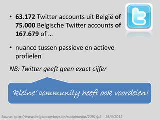 • 63.172 Twitter accounts uit België of
      75.000 Belgische Twitter accounts of
      167.679 of …
    • nuance tussen passieve en actieve
      profielen
    NB: Twitter geeft geen exact cijfer


     ‘kleine’ community heeft ook voordelen!

Source: http://www.belgiancowboys.be/socialmedia/2091/p2 15/3/2012
 