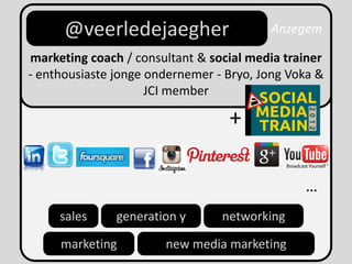 @veerledejaegher                   Anzegem

marketing coach / consultant & social media trainer
- enthousiaste jonge ondernemer - Bryo, Jong Voka &
                     JCI member

                                  +

                                               …
     sales     generation y      networking

     marketing         new media marketing
 