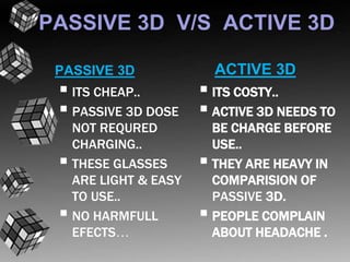 PASSIVE 3D V/S ACTIVE 3D 
PASSIVE 3D 
 
ITS CHEAP.. 
 
PASSIVE 3D DOSE 
NOT REQURED 
CHARGING.. 
 
THESE GLASSES 
ARE LIGHT & EASY 
TO USE.. 
 
NO HARMFULL 
EFECTS… 
ACTIVE 3D 
 
ITS COSTY.. 
 
ACTIVE 3D NEEDS TO 
BE CHARGE BEFORE 
USE.. 
 
THEY ARE HEAVY IN 
COMPARISION OF 
PASSIVE 3D. 
 
PEOPLE COMPLAIN 
ABOUT HEADACHE . 
 