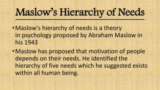 Maslow’s Hierarchy of Needs
•Maslow's hierarchy of needs is a theory
in psychology proposed by Abraham Maslow in
his 1943
•Maslow has proposed that motivation of people
depends on their needs. He identified the
hierarchy of five needs which he suggested exists
within all human being.
 