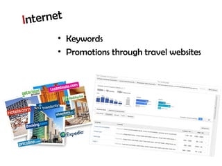 Internet
• Keywords
• Promotions through travel websites
 
