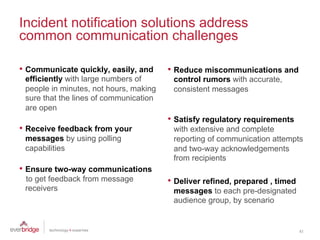 Incident notification solutions address
common communication challenges

•  Communicate quickly, easily, and     •  Reduce miscommunications and
 efficiently with large numbers of       control rumors with accurate,
 people in minutes, not hours, making    consistent messages
 sure that the lines of communication
 are open
                                        •  Satisfy regulatory requirements
•  Receive feedback from your            with extensive and complete
 messages by using polling               reporting of communication attempts
 capabilities                            and two-way acknowledgements
                                         from recipients
•  Ensure two-way communications
 to get feedback from message           •  Deliver refined, prepared , timed
 receivers                               messages to each pre-designated
                                         audience group, by scenario


                                                                               41
 