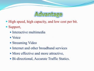  High speed, high capacity, and low cost per bit.

 Support,
 Interactive multimedia
 Voice

 Streaming Video
 Internet and other broadband services
 More effective and more attractive,

 Bi-directional, Accurate Traffic Statics.

 