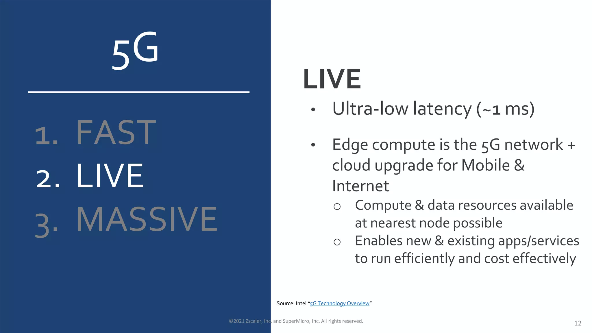 5G
1. FAST
2. LIVE
3. MASSIVE
LIVE
• Ultra-low latency (~1 ms)
• Edge compute is the 5G network +
cloud upgrade for Mobile &
Internet
o Compute & data resources available
at nearest node possible
o Enables new & existing apps/services
to run efficiently and cost effectively
©2021 Zscaler, Inc. and SuperMicro, Inc. All rights reserved. 12
Source: Intel “5G Technology Overview”
 