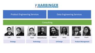 Lalit Suhas MaheshkumarSayali Vibhuti Smita PrachiUtkarsh
Strategy Technology UX Design Product Management
Product Engineering Services Data Engineering Services
Consulting
 