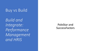 Buy vs Build
Build and
Integrate:
Performance
Management
and HRIS
PoleStar and
SuccessFactors
 