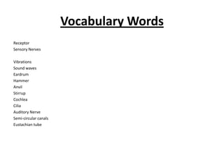 Vocabulary Words
Receptor
Sensory Nerves

Vibrations
Sound waves
Eardrum
Hammer
Anvil
Stirrup
Cochlea
Cilia
Auditory Nerve
Semi-circular canals
Eustachian tube
 