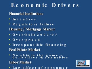 Economic Drivers Financial Institutions Incentives Regulatory failure Housing / Mortgage Market Over-built 2003-07 Over-priced Irresponsible financing Real Estate Market No skin in the game – derivatives & securities Labor Market Lag effect of consumer spending 