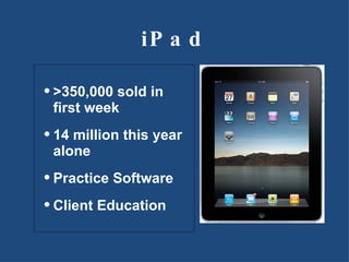 iPad >350,000 sold in first week 14 million this year alone Practice Software Client Education 