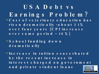 USA Debt vs Earnings Problem? Cost of veterinary education has risen dramatically -about 31% over four years (CPI increase over same period ~ 16%) School funding down dramatically Increase in tuition exacerbated by the recent increase in interest charged on government and private student loans 